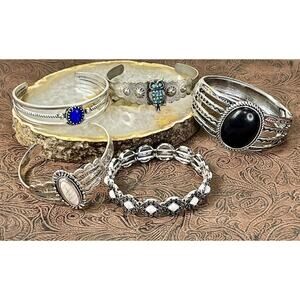 Vtg 5pc Southwestern Style Silver Tone Cuff Bracelet Lot Turquoise Onyx Lapis